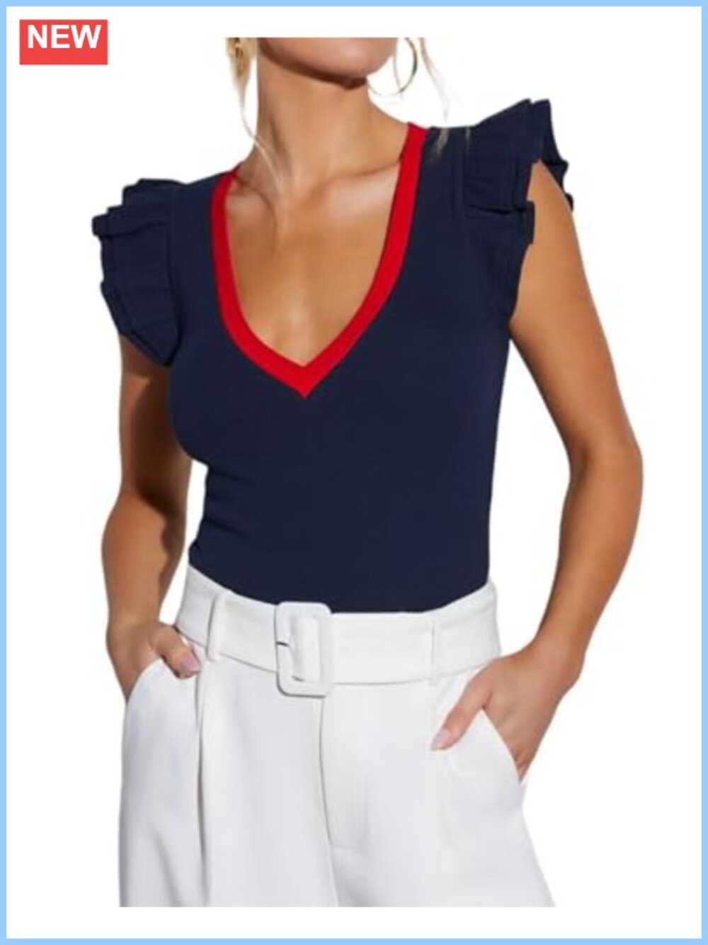 Womens Sexy Deep V Neck Ruffle Sleeve Ribbed Slim Fit Tank Top Shirt